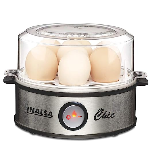 Inalsa Chic Instant Egg Boiler, 360 Watts, Steel Base, Food Grade BPA Free Lid, 1-7 Eggs, Double Safety, Adjustable degree of hardness, Indicator Light, Water Measuring Cup, (Black/Silver) Inalsa Chic Instant Egg Boiler, 360 Watts, Steel Base, Food Grade BPA Free Lid, 1-7 Eggs, Double Safety, Adjustable degree of hardness, Indicator Light, Water Measuring Cup, (Black/Silver)